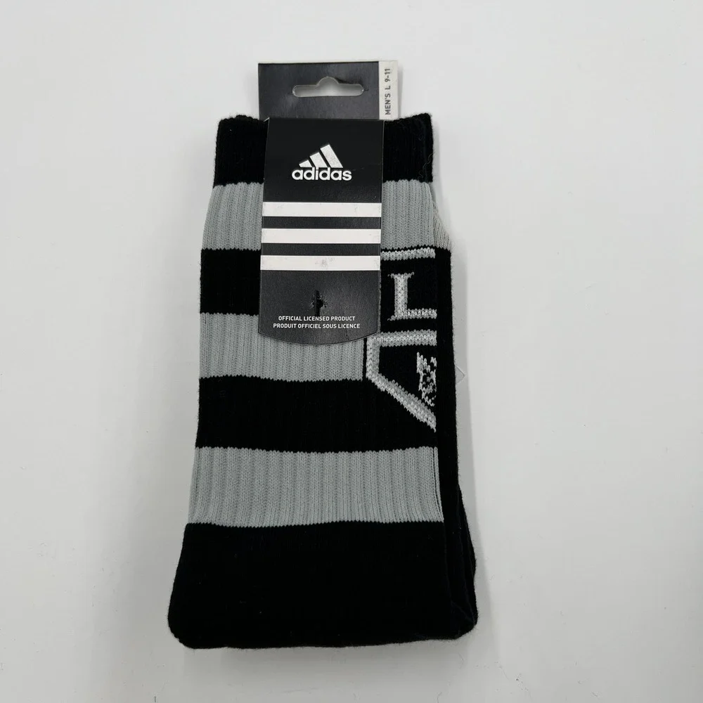 Adidas LA Kings NHL Mens Crew Socks 3 Pack Black White Grey Striped Large 9-11